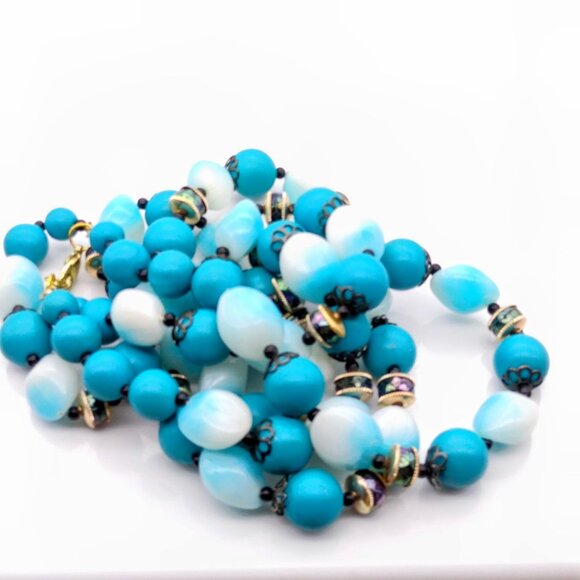 Double Strand Blue and Black Necklace, Mid Century Vintage, Funky Plastic Beads - Picture 2 of 4